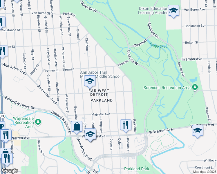 map of restaurants, bars, coffee shops, grocery stores, and more near 7636 Dacosta in Detroit