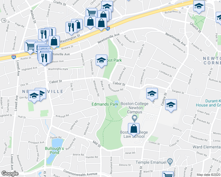 map of restaurants, bars, coffee shops, grocery stores, and more near 30 Westchester Road in Newton