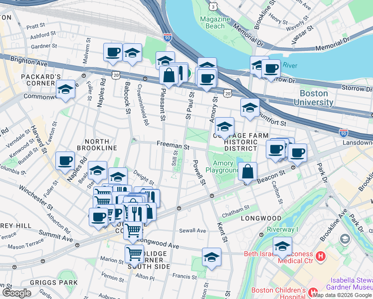 map of restaurants, bars, coffee shops, grocery stores, and more near in Brookline