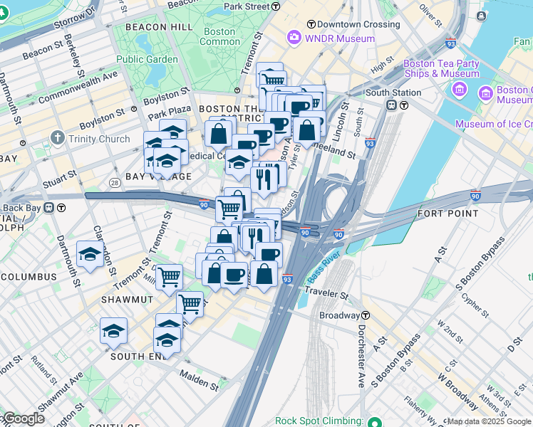 map of restaurants, bars, coffee shops, grocery stores, and more near 300 Harrison Avenue in Boston