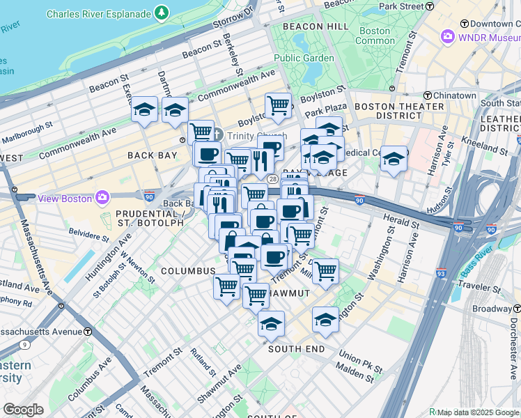 map of restaurants, bars, coffee shops, grocery stores, and more near in Boston