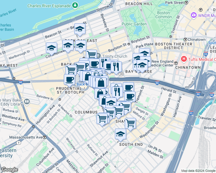 map of restaurants, bars, coffee shops, grocery stores, and more near 331 Columbus Avenue in Boston