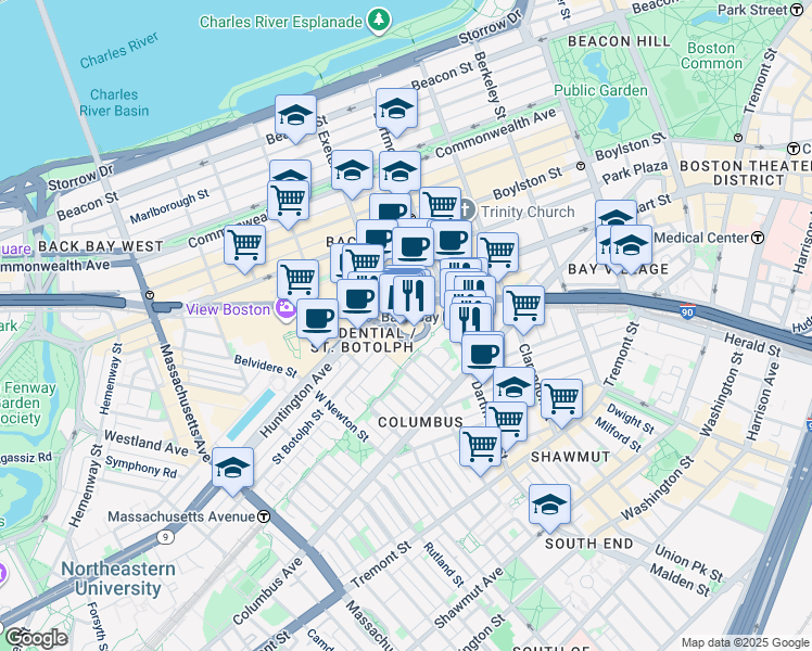 map of restaurants, bars, coffee shops, grocery stores, and more near 100 Huntington Avenue in Boston