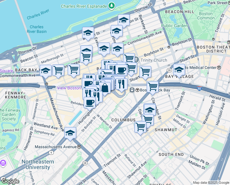 map of restaurants, bars, coffee shops, grocery stores, and more near 2 Harcourt Street in Boston