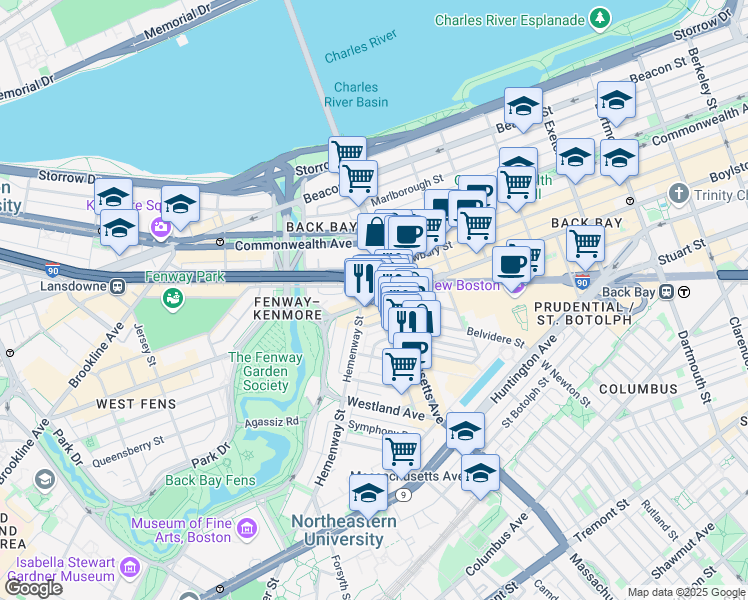 map of restaurants, bars, coffee shops, grocery stores, and more near 4 Haviland Street in Boston
