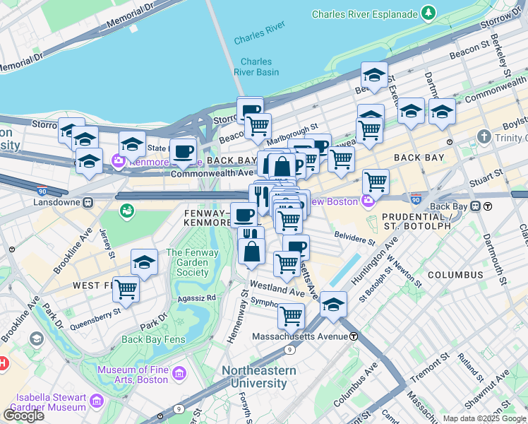 map of restaurants, bars, coffee shops, grocery stores, and more near 24 Fenway in Boston