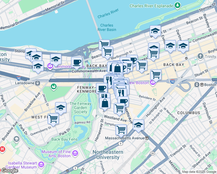 map of restaurants, bars, coffee shops, grocery stores, and more near in Boston