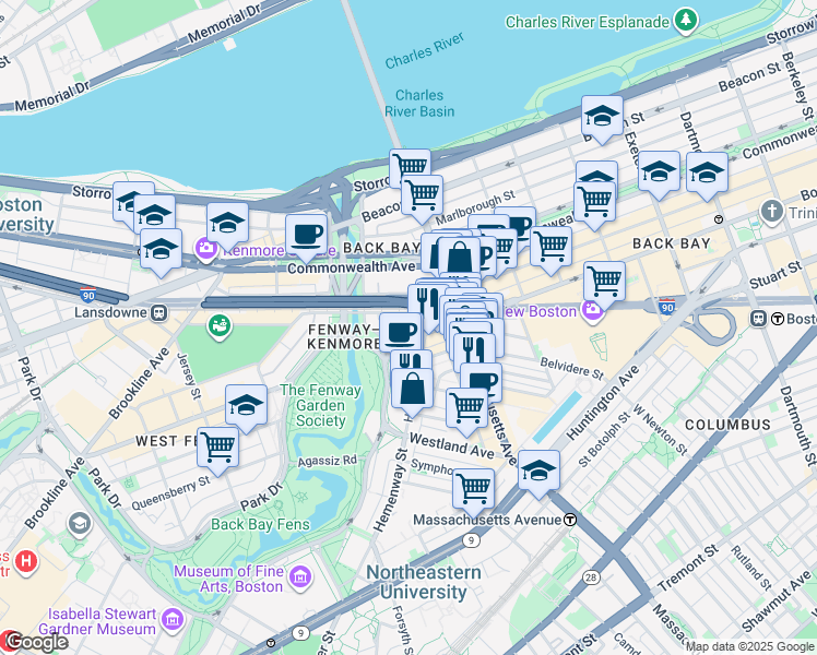 map of restaurants, bars, coffee shops, grocery stores, and more near in Boston