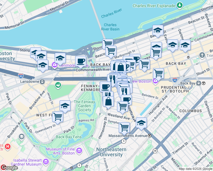 map of restaurants, bars, coffee shops, grocery stores, and more near in Boston