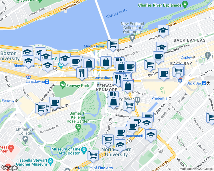 map of restaurants, bars, coffee shops, grocery stores, and more near 3780 Boylston Street in Boston