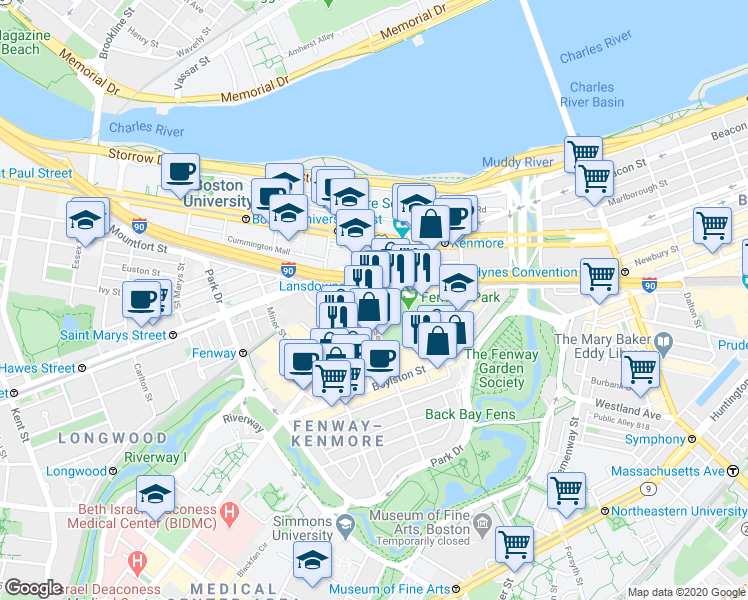 map of restaurants, bars, coffee shops, grocery stores, and more near in Boston
