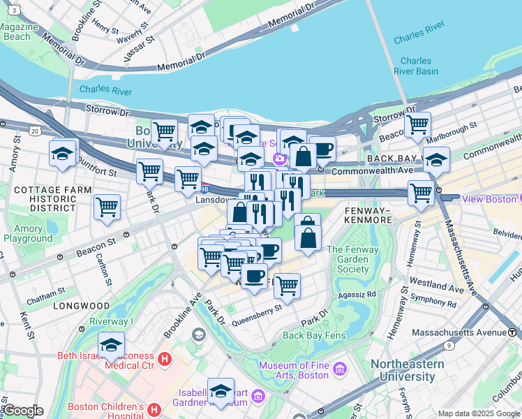 map of restaurants, bars, coffee shops, grocery stores, and more near in Boston