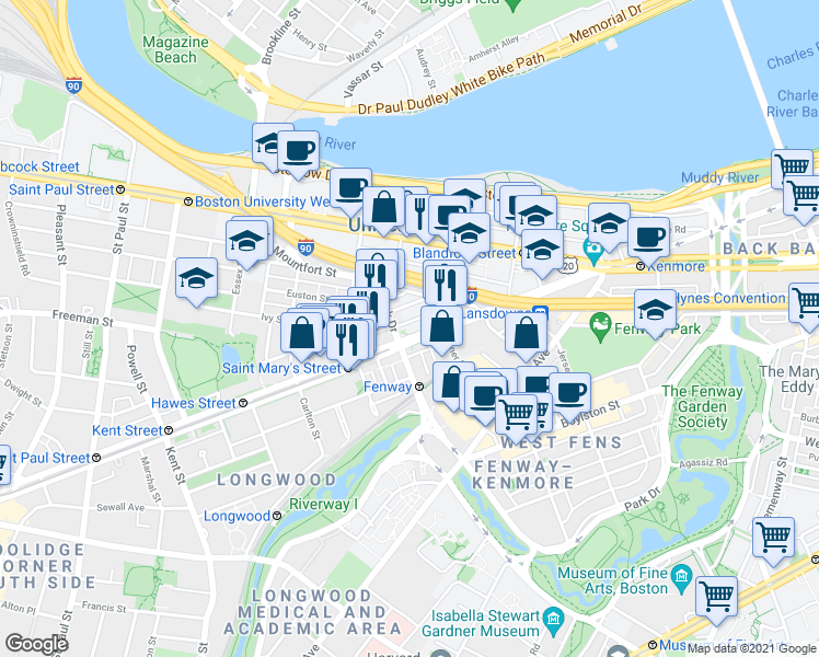 map of restaurants, bars, coffee shops, grocery stores, and more near 880 Beacon Street in Boston