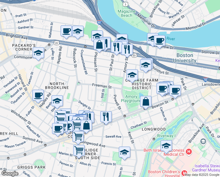 map of restaurants, bars, coffee shops, grocery stores, and more near in Brookline