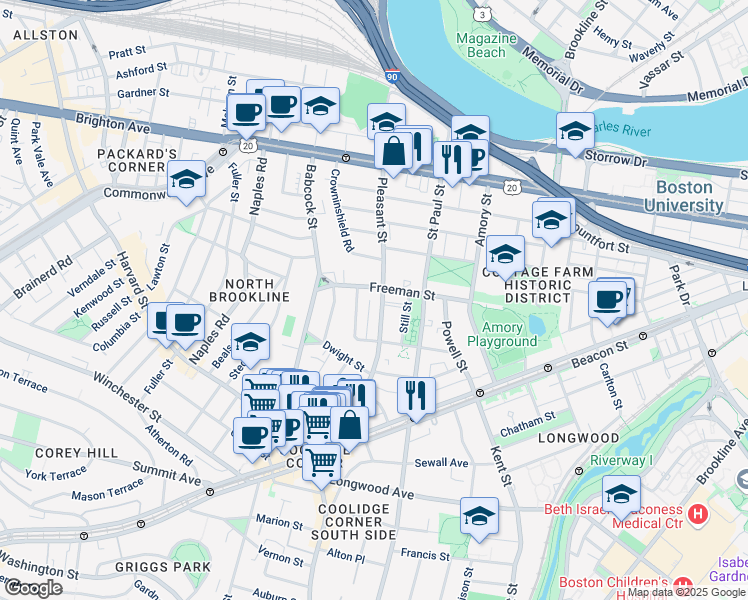 map of restaurants, bars, coffee shops, grocery stores, and more near 14 Still Street in Brookline
