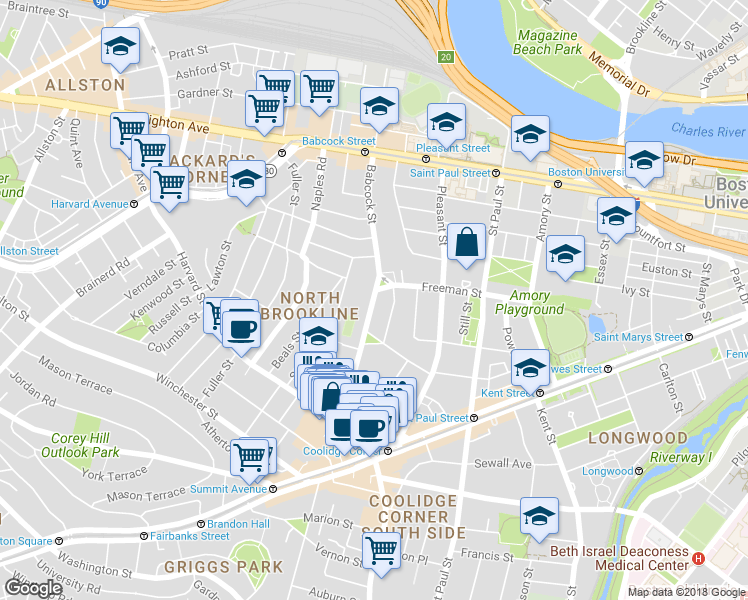 map of restaurants, bars, coffee shops, grocery stores, and more near 99 Babcock Street in Brookline