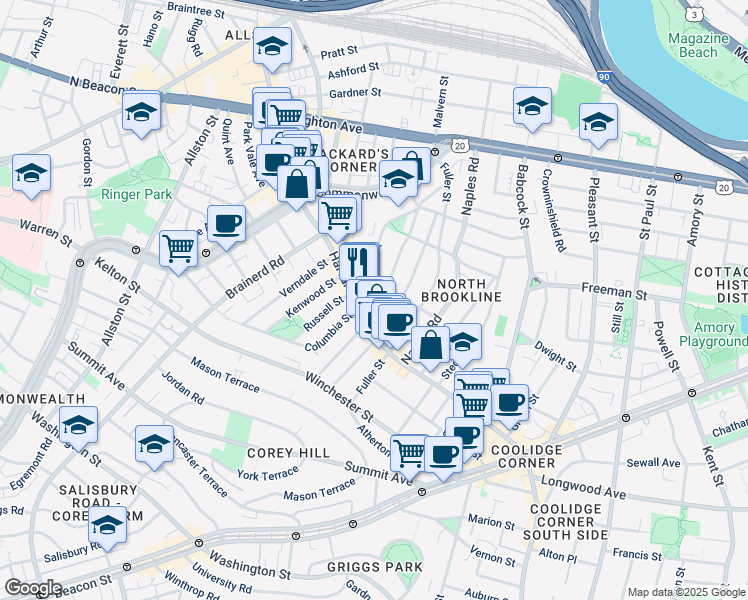 map of restaurants, bars, coffee shops, grocery stores, and more near 458 Harvard Street in Brookline