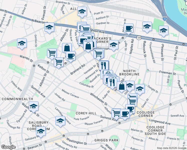 map of restaurants, bars, coffee shops, grocery stores, and more near 34 Russell Street in Brookline