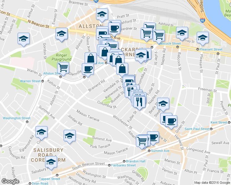 map of restaurants, bars, coffee shops, grocery stores, and more near 34 Russell Street in Brookline
