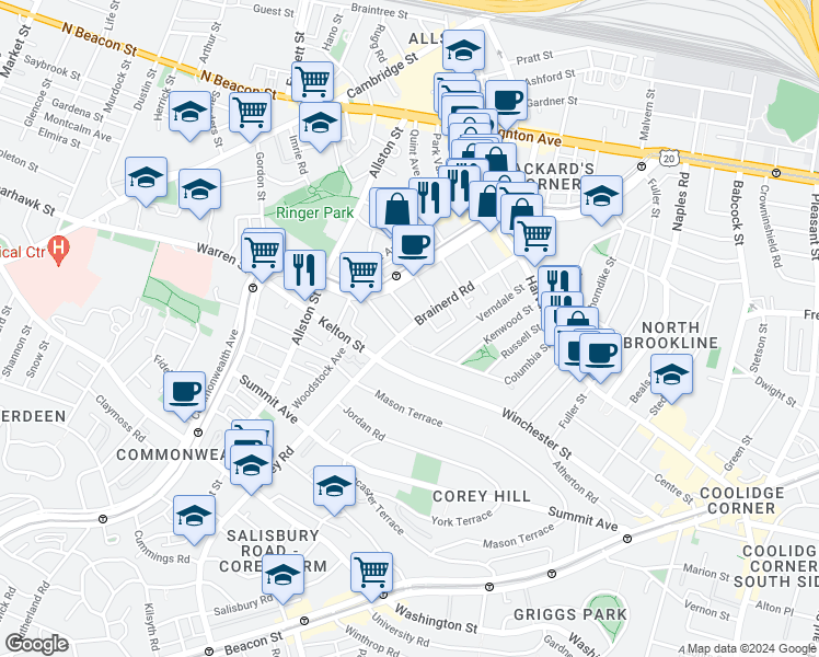 map of restaurants, bars, coffee shops, grocery stores, and more near in Boston