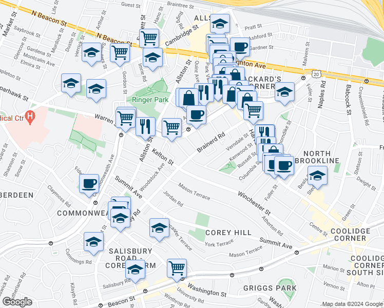 map of restaurants, bars, coffee shops, grocery stores, and more near in Boston