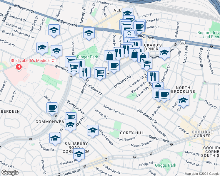 map of restaurants, bars, coffee shops, grocery stores, and more near 33 Walbridge Street in Boston