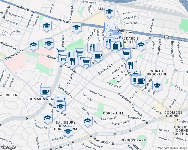 map of restaurants, bars, coffee shops, grocery stores, and more near 33 Walbridge Street in Boston