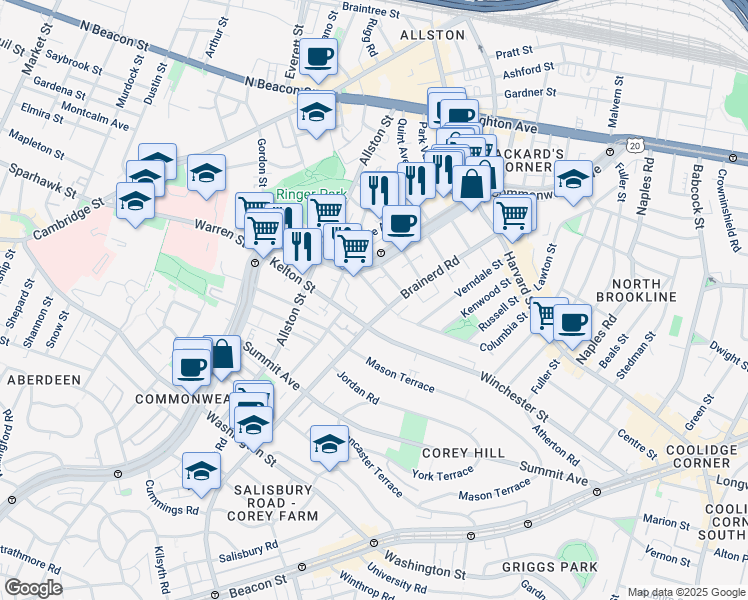 map of restaurants, bars, coffee shops, grocery stores, and more near 239 Kelton Street in Boston