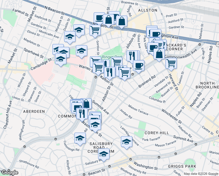 map of restaurants, bars, coffee shops, grocery stores, and more near in Boston