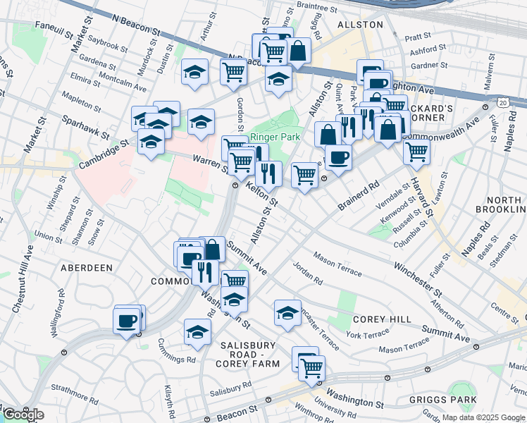 map of restaurants, bars, coffee shops, grocery stores, and more near in Boston