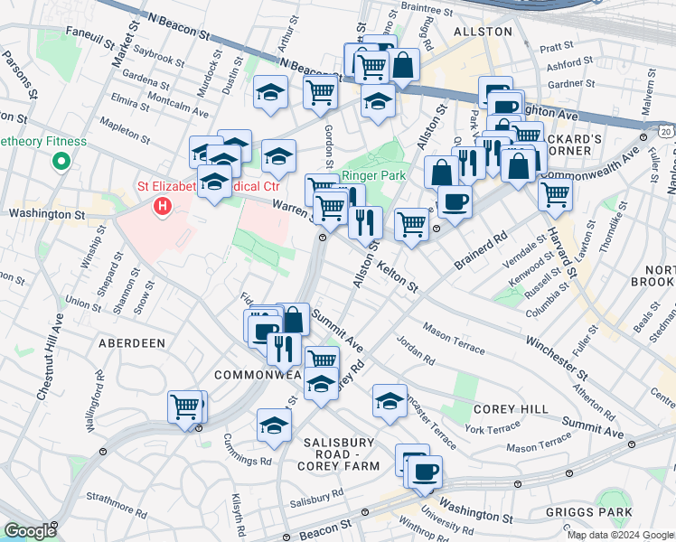 map of restaurants, bars, coffee shops, grocery stores, and more near in Boston