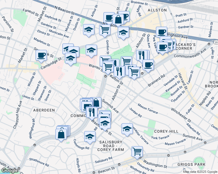 map of restaurants, bars, coffee shops, grocery stores, and more near 1486 Commonwealth Avenue in Boston