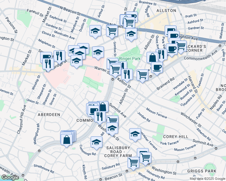 map of restaurants, bars, coffee shops, grocery stores, and more near 1486 Commonwealth Avenue in Boston