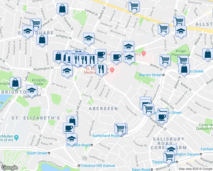 map of restaurants, bars, coffee shops, grocery stores, and more near 30 Shannon Street in Boston