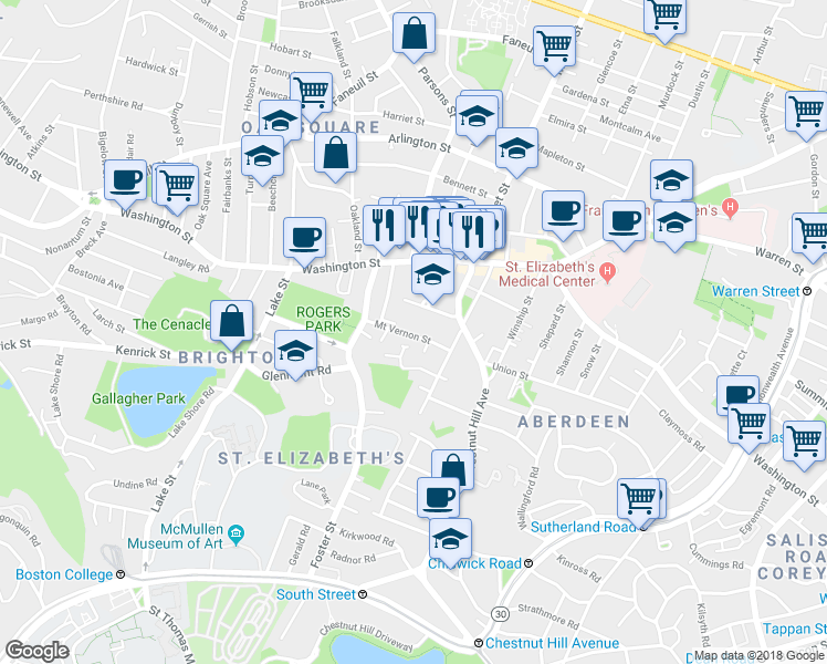 map of restaurants, bars, coffee shops, grocery stores, and more near 1 Delany Circle in Boston