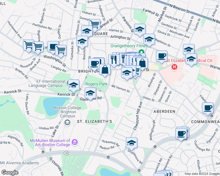 map of restaurants, bars, coffee shops, grocery stores, and more near 19 Michael Road in Boston