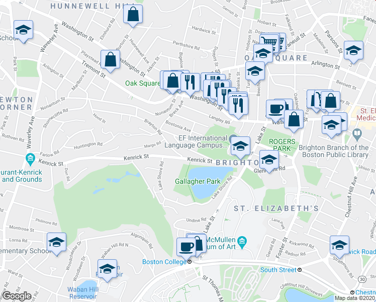 map of restaurants, bars, coffee shops, grocery stores, and more near 110-112 Kenrick Street in Boston