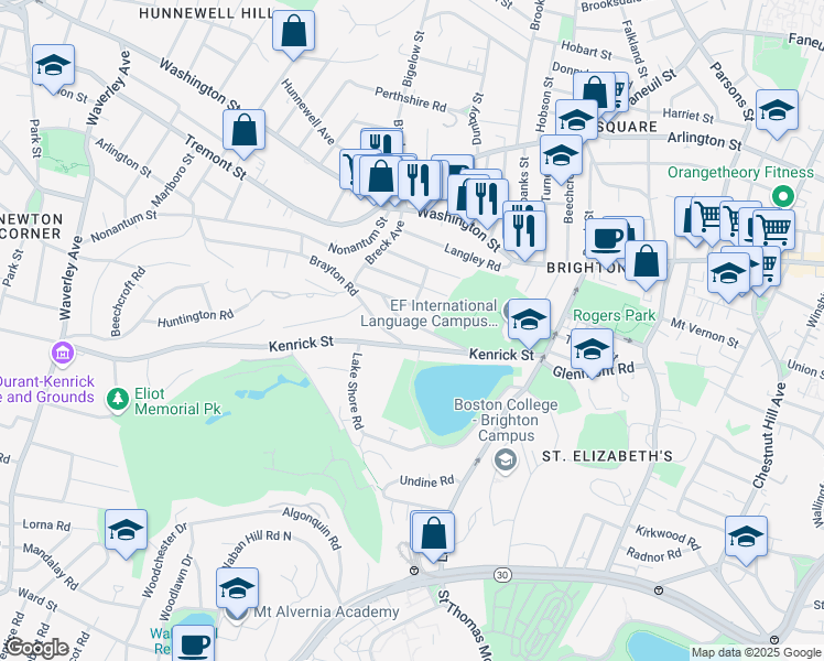 map of restaurants, bars, coffee shops, grocery stores, and more near 110-112 Kenrick Street in Boston