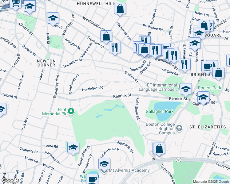 map of restaurants, bars, coffee shops, grocery stores, and more near 199 Kenrick Street in Boston