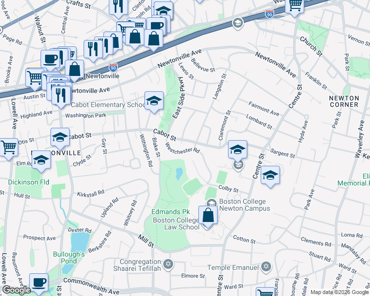 map of restaurants, bars, coffee shops, grocery stores, and more near 58 Rochester Road in Newton