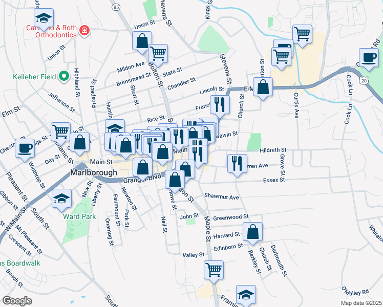 map of restaurants, bars, coffee shops, grocery stores, and more near 26 Ames Place in Marlborough