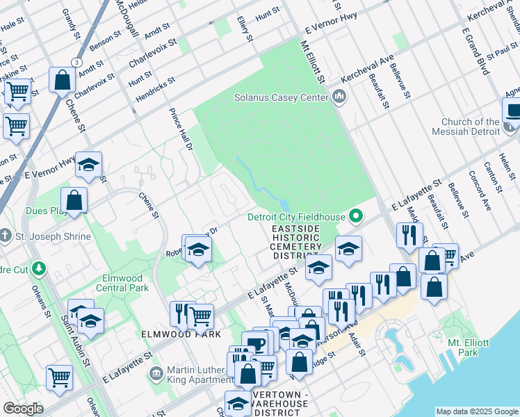 map of restaurants, bars, coffee shops, grocery stores, and more near 1382 Village Drive in Detroit
