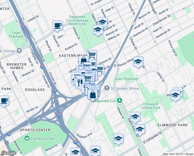map of restaurants, bars, coffee shops, grocery stores, and more near 1550 Winder Street in Detroit