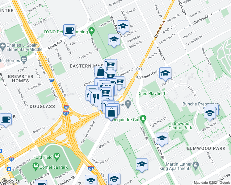 map of restaurants, bars, coffee shops, grocery stores, and more near 1550 Winder Street in Detroit