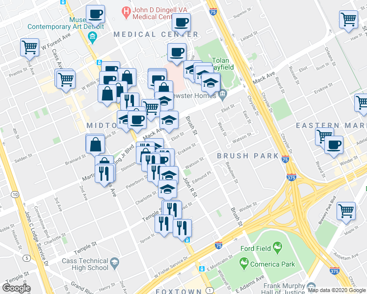 map of restaurants, bars, coffee shops, grocery stores, and more near 236 Erskine Street in Detroit
