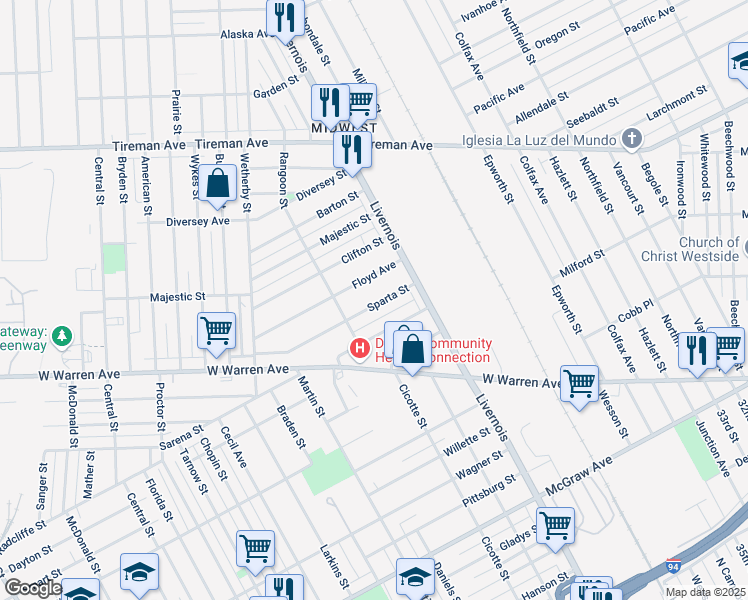 map of restaurants, bars, coffee shops, grocery stores, and more near 6437 Sparta Street in Detroit
