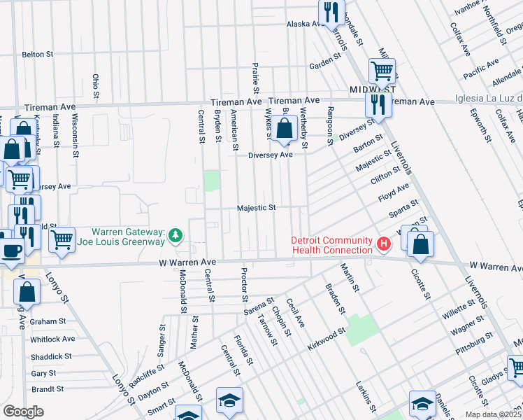 map of restaurants, bars, coffee shops, grocery stores, and more near 7311 Wykes Street in Detroit