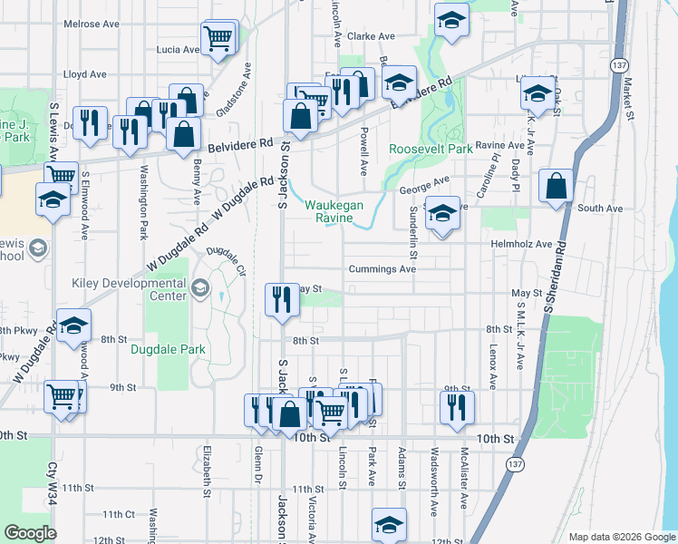 map of restaurants, bars, coffee shops, grocery stores, and more near 922 May Street in Waukegan