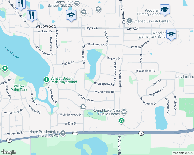 map of restaurants, bars, coffee shops, grocery stores, and more near 33300 North Mill Road in Gages Lake