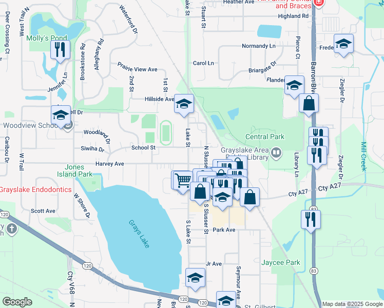 map of restaurants, bars, coffee shops, grocery stores, and more near 1 Harvey Avenue in Grayslake